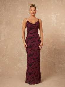 Lumalex 春夏新款女士聚会派对魅力优雅宴会低调奢华闪耀假日派对魅力优雅锐舞节郊游度假热门户外丰富层次婚礼季宴会成人礼花卉3D天鹅绒吊带露背金属链装饰紧身美人鱼连衣裙，适合女士奢华舞会圣诞节新年，女士派对礼服，宰牲节派对，情人节浪漫约会 - 酒紅色 - 查看 5