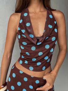 Aloruh 咖啡色和蓝色波点雪纺套装，性感海滩度假风垂褶领上衣+不对称下摆半身裙 - 彩色 - 查看 5