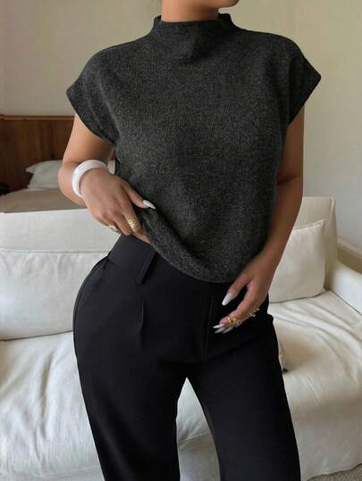 Dripcurv Women Plus Black Elegant High Neck Loose Casual Versatile Sleeveless Knit Sweater Vest In Fall/Winter Spring Outfit Women  Summer Cloth Going Out Outfits  Stylish Clothing Collection