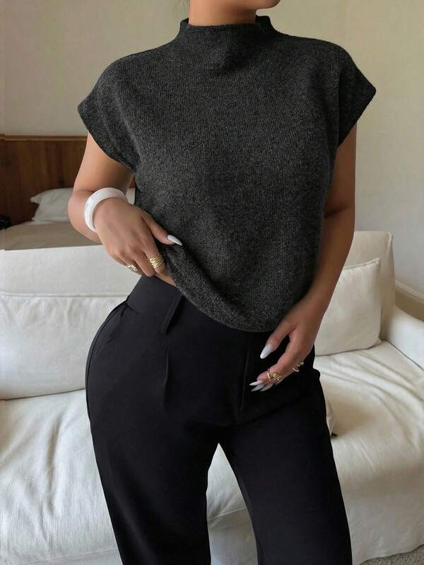 Dripcurv Women Plus Black Elegant High Neck Loose Casual Versatile Sleeveless Knit Sweater Vest In Fall/Winter Spring Outfit Women  Summer Cloth Going Out Outfits  Stylish Clothing Collection