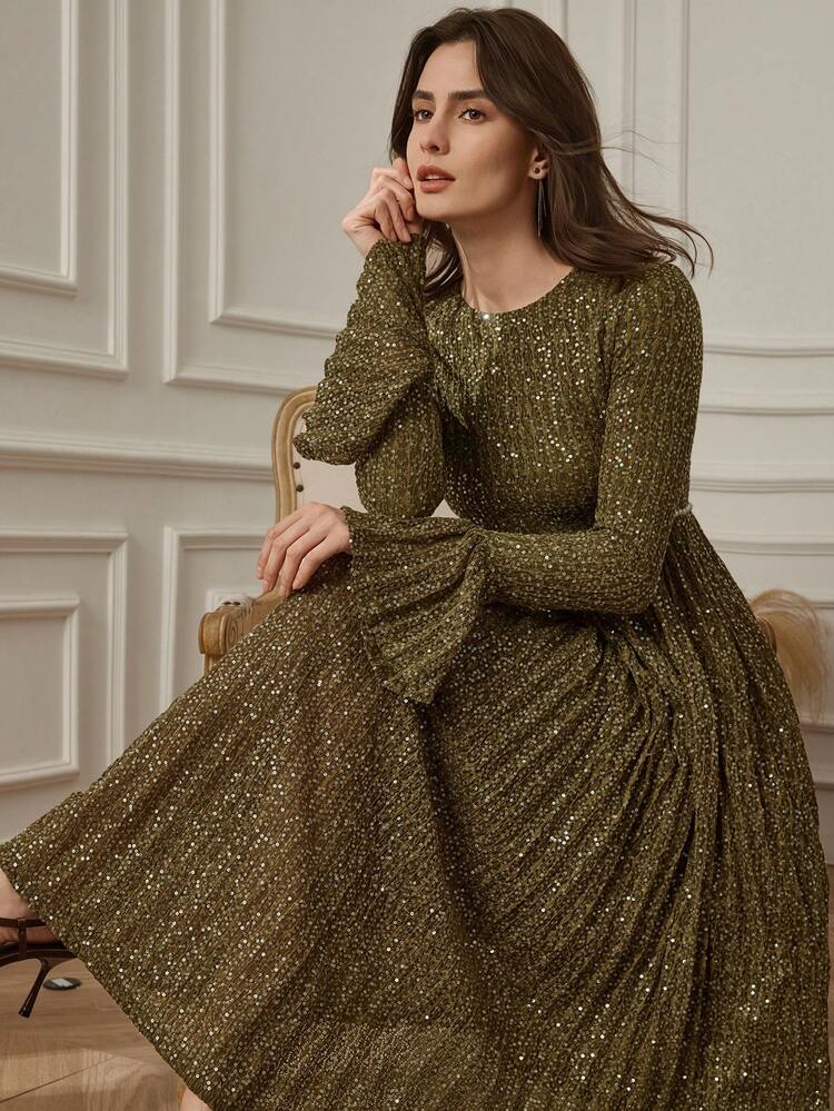 Elegant Midi Dress For Women, Designed With Shiny Fabric, Suitable For Dates, Weddings, Parties, Casual Vacations, Spring/Summer Sparkly Dress Sundress