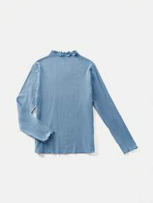 SHEIN EZwear Disig blå ribbad stickad långärmad t-shirt med ståkrage för kvinnor i plusstorlek - Dammblå - Visa 5