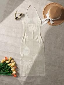SHEIN Vestido casual de cobertura de vacaciones con escote halter y recortes para niña preadolescente de unicolor - Albaricoque - Ver 2