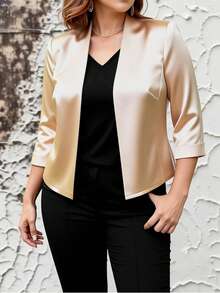 Elenzga 时尚休闲法式复古优雅通勤短袖立领西装外套 - 杏色 - 查看 7