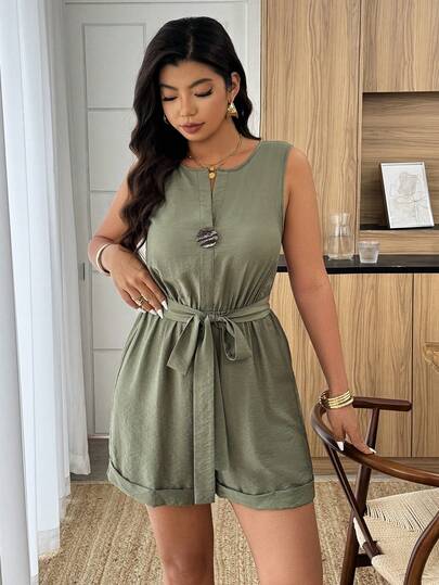 Weeklong Mono de mujer talla grande con botones decorativos, cintura con cordón, adecuado para vacaciones y uso diario, primavera/verano