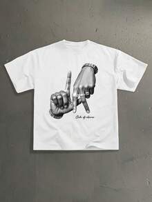 StoneGrade 洛杉矶 LA 字母潮流手势徽标印花休闲超大码男式白色 T 恤 - 白色 - 查看 1