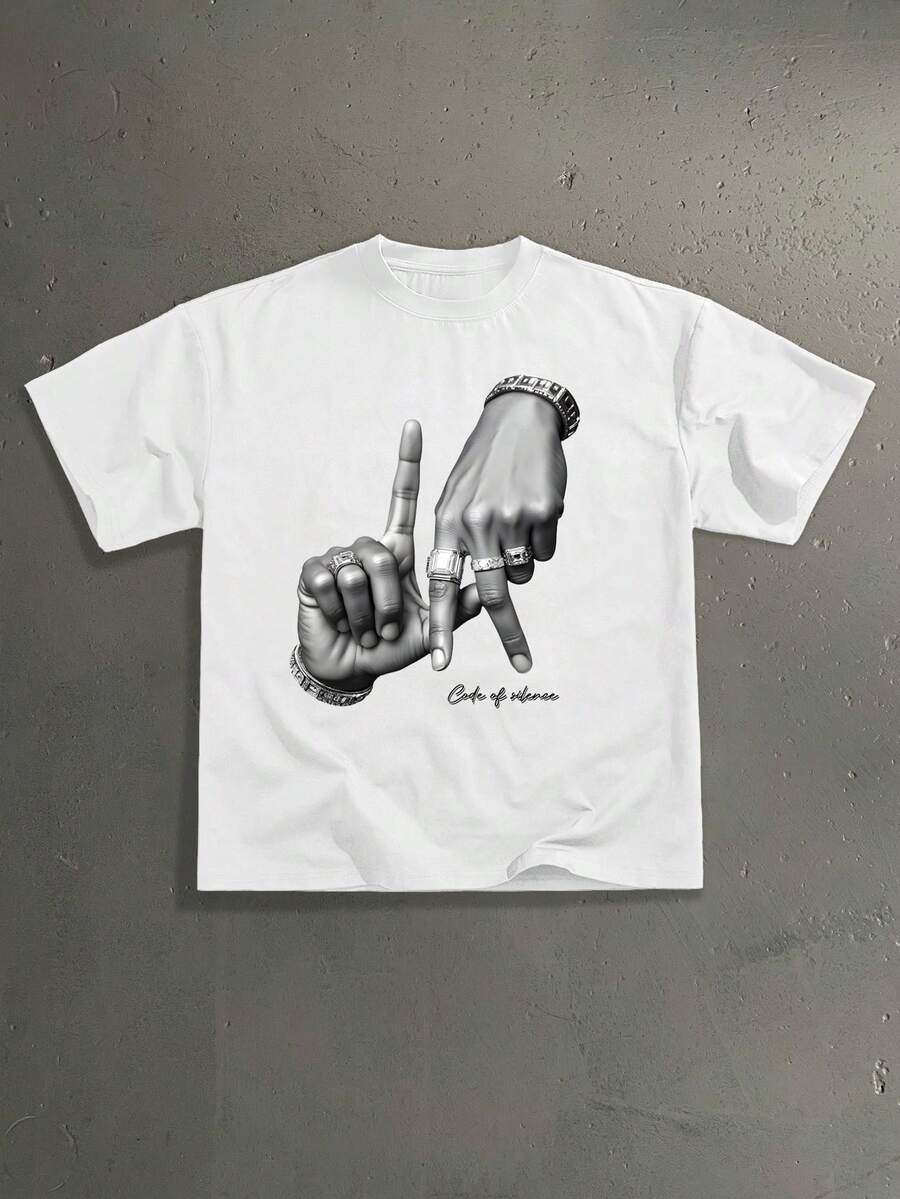 StoneGrade 洛杉矶 LA 字母潮流手势徽标印花休闲超大码男式白色 T 恤 - 白色 - 查看 1