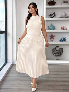 Elenzga 女士优雅荷叶边无袖A字连衣裙/伞裙/返校季/学生装/派对/老钱风/外出装/派对装/办公室装/仿杏色半身裙 - 杏色 - 查看 6