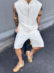 DAZY 男士纯白色无袖连帽衫和短裤套装，夏季 - 白色 - 查看 1
