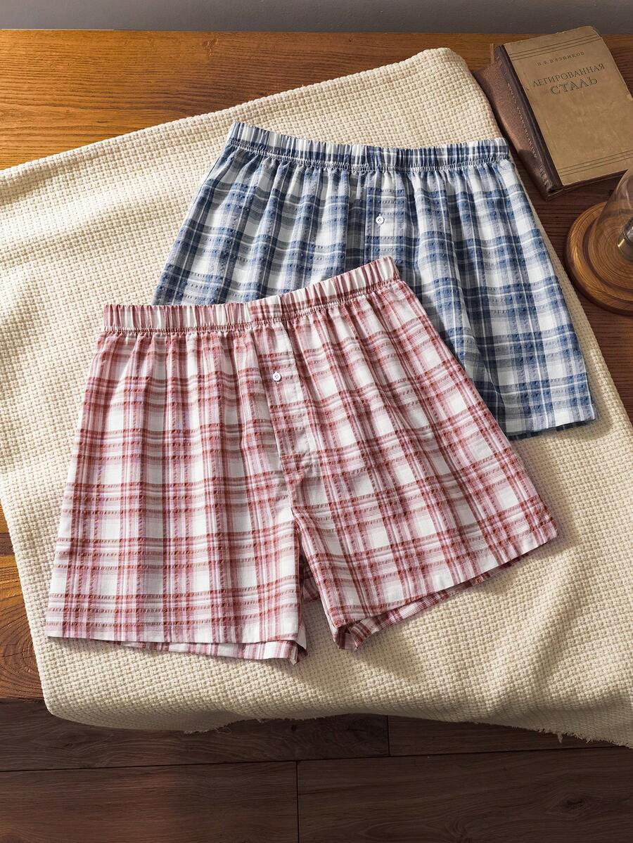 2条装男士格子松紧腰休闲日常平角内裤 - 彩色 - 查看 1