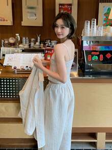 DAZY Conjunto casual de mujer con camisa de manga larga de hombros caídos a rayas, camiseta sin mangas y pantalones - Albaricoque - Ver 4