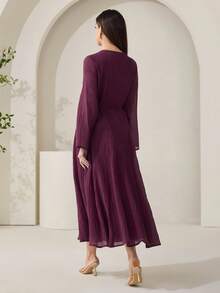 Veilorie 新款褶皱纹理修身A字飘逸沙滩度假休闲派对连衣裙 - 紫紅色 - 查看 7