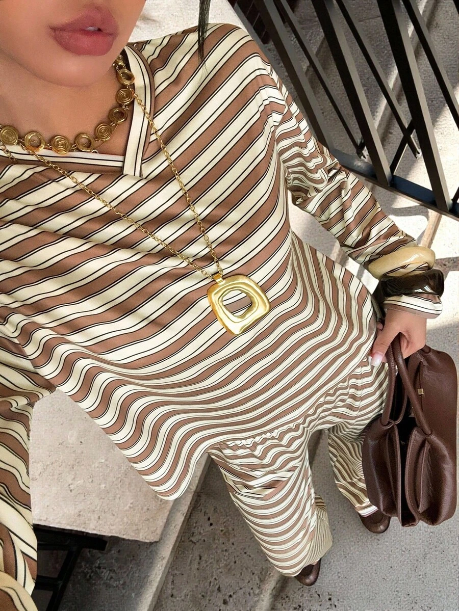 Siren Gaze Women's Fabric Striped Long Sleeve Round Neck Tee And Pants Two-Piece Casual Outfit Rib-Knit Details Aesthetic Tops 70s Tops Striped Top Striped Blouse - Multicolor - View 1