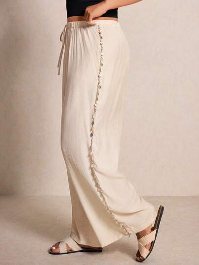 Elaquor 大码女式纯色腰带拼接贝壳边阔腿裤