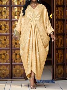 SHEIN Lady Váy dạ hội thanh lịch, kín đáo mùa xuân và hè, thích hợp cho tiệc cưới, ngày Valentine, tiệc cocktail, hòa nhạc/lễ hội âm nhạc, màu xanh lam rực rỡ, lấp lánh, dệt jacquard, tay áo cánh dơi xẻ tà, cài cúc vàng, cỡ lớn. - Vàng - Xem 4