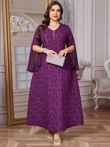 Reflora Đầm dài tay xẻ tà cổ chữ V họa tiết hoa jacquard dành cho nữ cỡ lớn, thanh lịch. - Màu tím - Xem 4