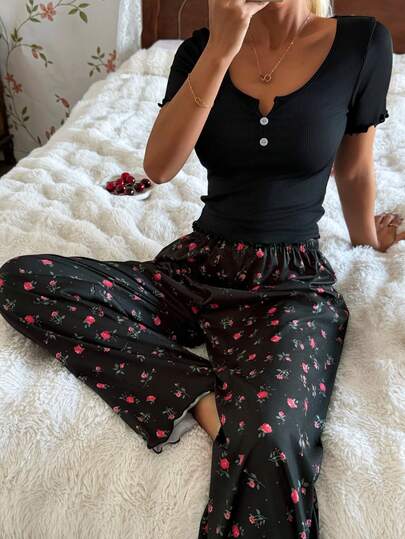 SHEIN 女士修身碎花纽扣装饰睡衣套装