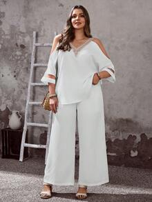 EMERY ROSE 大码女装早春休闲度假蕾丝拼接V领半袖露肩白色衬衫和裤子两件套，带口袋 - 白色 - 查看 1