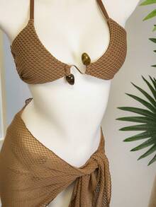 Bellisia 3pcs Women's Elegant Casual Halter Tie Bikini Set With Asymmetric Trim & Mesh Skirt, Summer Beach Wear - Camel - View 7