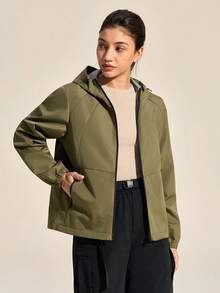 Exploreva Giacca da pioggia con cappuccio di colore unito da donna per uso esterno - Verde militare - Visualizzare 6