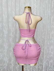 Sunspun 2pcs/Set Knitted Textured Crop Top And Mini Skirt Set, Sexy & Cute For Beach Vacation In Summer - Multicolor - View 2