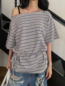 DAZY 女士条纹不对称肩短袖休闲宽松T恤 - 灰色 - 查看 9