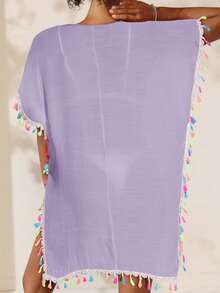 Swim Vcay 女士彩色流苏沙滩罩衫，休闲度假 - 淡紫色 - 查看 2