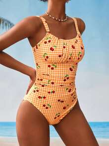 Swim Mod Women's Vacation Beach Plaid & Cherry Print One-Piece Swimsuit - Burnt Orange - View 3