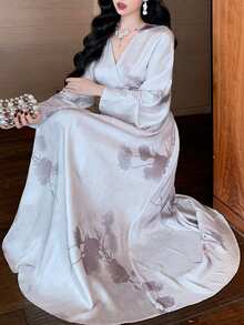 DAZY 花卉印花收腰V领灯笼袖优雅度假连衣裙，适合女性，春秋季长款连衣裙 - 杏色 - 查看 9