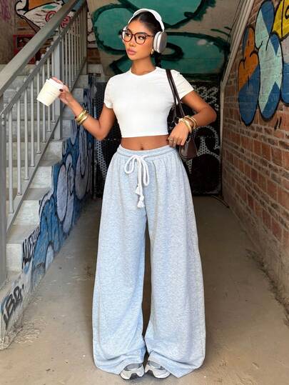 Muchica 女士休闲纯色短款T恤和宽松长裤套装