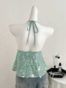 Elamini 女士亮片吊带背心，性感派对度假风，浅绿色，春夏款 - 薄荷綠 - 查看 2