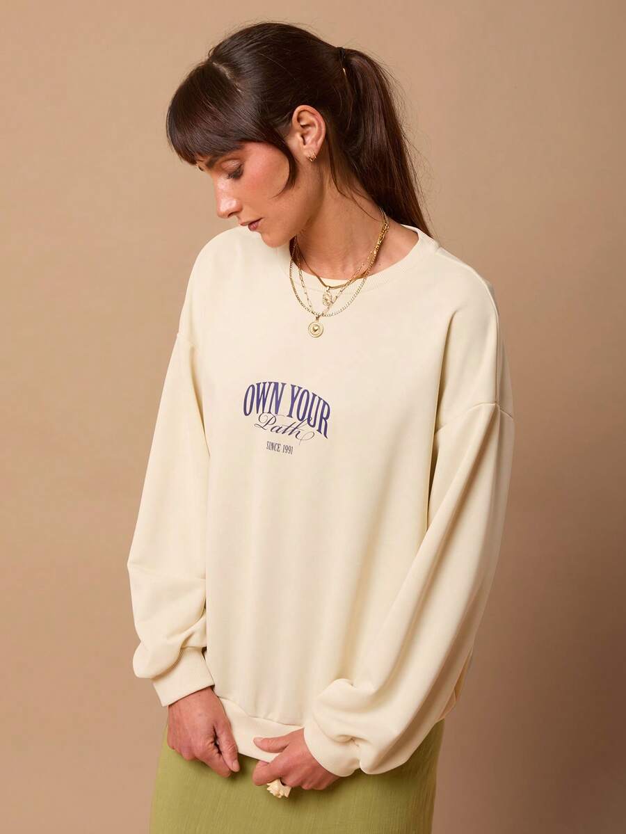 SURIMA Casual Minimalist Printed Pattern Hooded Long Sleeve Loose Fit Women Sweatshirt - Beige - View 1