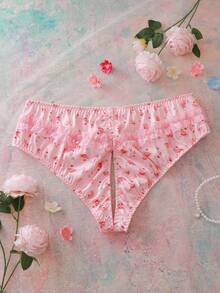 Plus Size Romantic Floral Print Lace Patchwork Open Crotch Panties, Lingerie - Pink - View 2