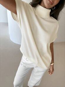 Aloruh Áo thun nữ tay ngắn cổ cao, màu trơn, vạt lệch, kiểu dáng thường ngày, đa năng, chất liệu dệt kim, thích hợp mặc hàng ngày, thanh lịch, công sở, mùa xuân hè, màu mơ. - trắng - Xem 5