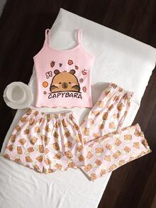 SHEIN 3pcs Tween Girls Casual Knit Pajama Set, Cute Cartoon Print Ruffle Trim Camisole, Long Pants & Shorts - Blue and White - View 1