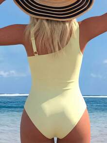 Swim Lushoire 女士连体泳衣，碎花印花，优雅度假连体泳衣，休闲沙滩装，夏季 - 淡黃色 - 查看 2