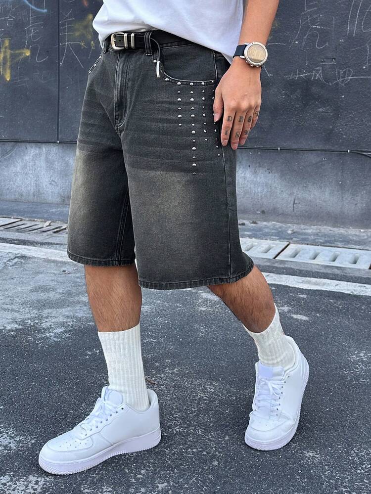 Men's Washed Distressed Black Denim Shorts, Summer