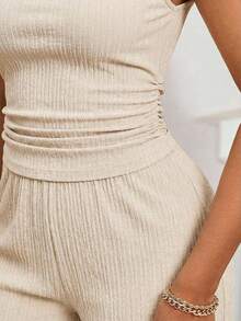 SHEIN Lady 2pcs Women Summer Casual Asymmetrical Shoulder Top & Pants Set - Apricot - View 4