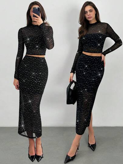 SHEIN Tall 2pcs Set Women's Fashionable Net Fabric With Rhinestone Decor, Versatile Black, Suitable For Autumn/Winter Outings Two Pieces Fall Outfits