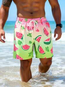 Surfspeed Pantalones cortos de playa con cordón en la cintura y estampado degradado de sandía, estilo de vacaciones de verano para hombres - Rosa - Ver 4