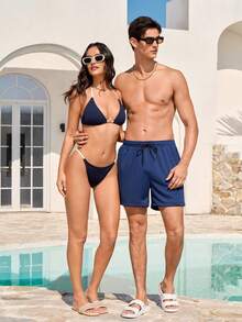 Manfinity VDAYZ Men's Drawstring Waist Casual Pocket Beach Shorts - Blue and White - View 3