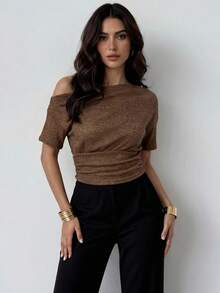 Firerie Women's New Solid Color Textured Asymmetric Shoulder Fitted Short Sleeve T-Shirt Top, Casual Sexy Top, All-Match Everyday Versatile T-Shirt, Short Sleeve T-Shirt Top, Spring Autumn Winter , Elegant, Commute, Casual, Daily, Minimalist, Work Attire, Spring Women Coffee Brown Top - Coffee Brown - View 6