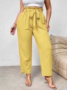 Firerie Plus Size Elegant Commuter/Office Ruched Tie-Waist Tapered Leg Pants With Pockets - Yellow - View 6