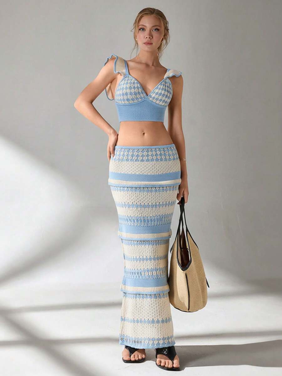 SHEIN Cottnline Women Top And Skirt Openwork Sweater Cover Up Set - Baby Blue - View 1