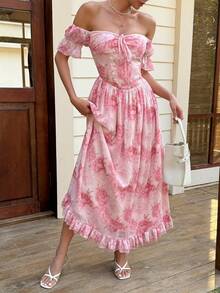 DAZY Đầm maxi chiffon in hoa mùa xuân hè, thanh lịch, thích hợp cho các dịp thường ngày, đi biển, đám cưới, tiệc tùng, đi làm, đầm midi dài tay xẻ cao. - Hồng - Xem 8