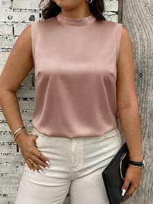 EMERY ROSE Satin Sleeveless Turtleneck Top With Draped Open Back Design - Coffee Brown - View 4