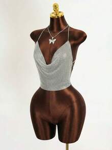 Chiquease Draped Collar Chain Detail Backless Crop Metallic Halter Top For New Year Holiday Party Clothes - Silver - View 3