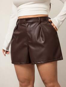 Enliva Plus Size Solid Color PU Leather Casual Versatile Pockets Shorts, For Apple & Rounded Body Shape, For Body Shape, For Summer - Rust Brown - View 6