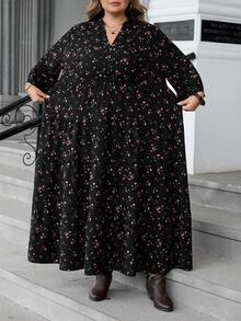 SHEIN CURVE+ CURVE PLUS /Valentine's Day/Plus Size Women Floral Print Flared Sleeve Loose Vacation Dresssummer/Country/Beach Vacation Outfits/Beach Outfits/Beach Wear - Multicolor - View 9