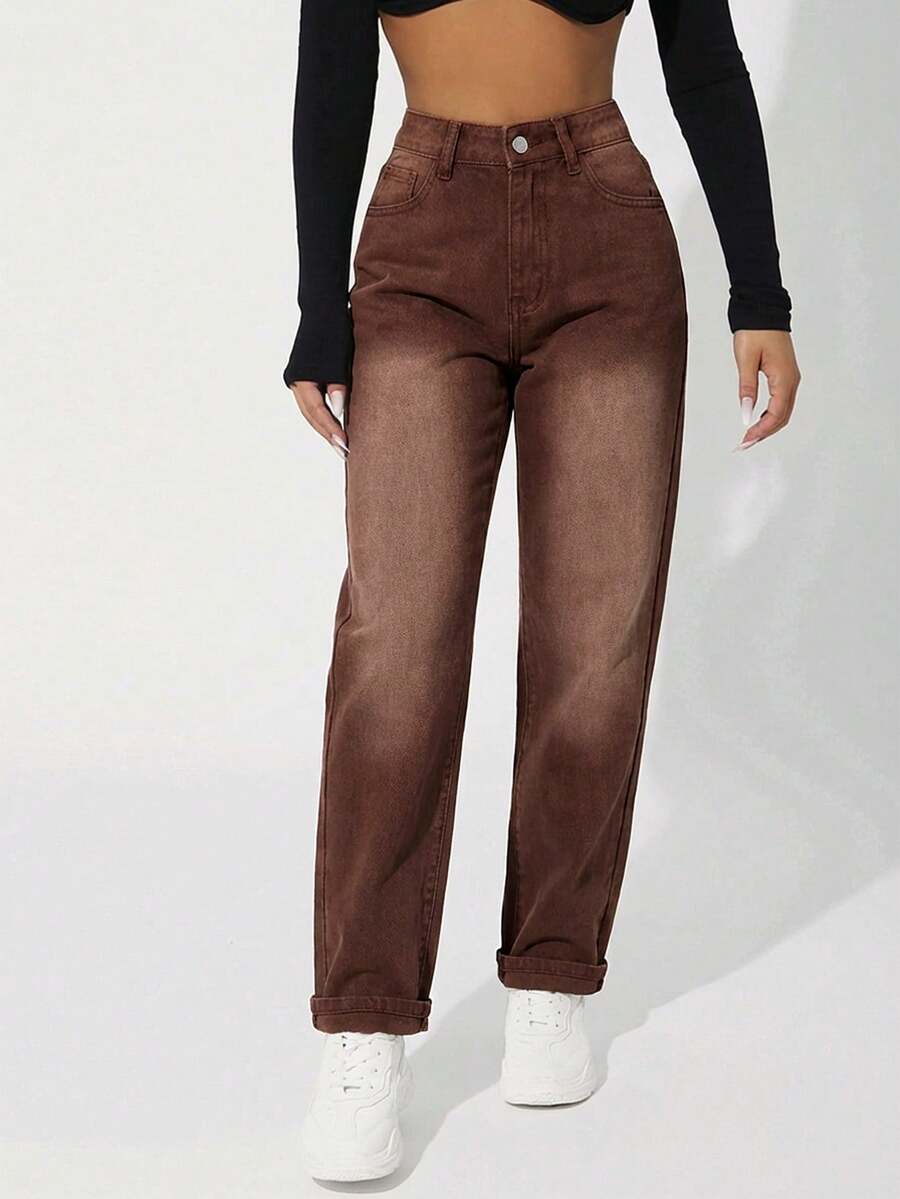 SHEIN PETITE Women's Casual Everyday Pockets Button Denim Jeans - Coffee Brown - View 1